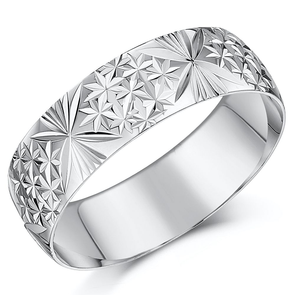 9ct White Gold Star Pattern Wedding Ring
