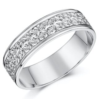 9ct White Gold Star Design Heavy Flat Wedding Ring