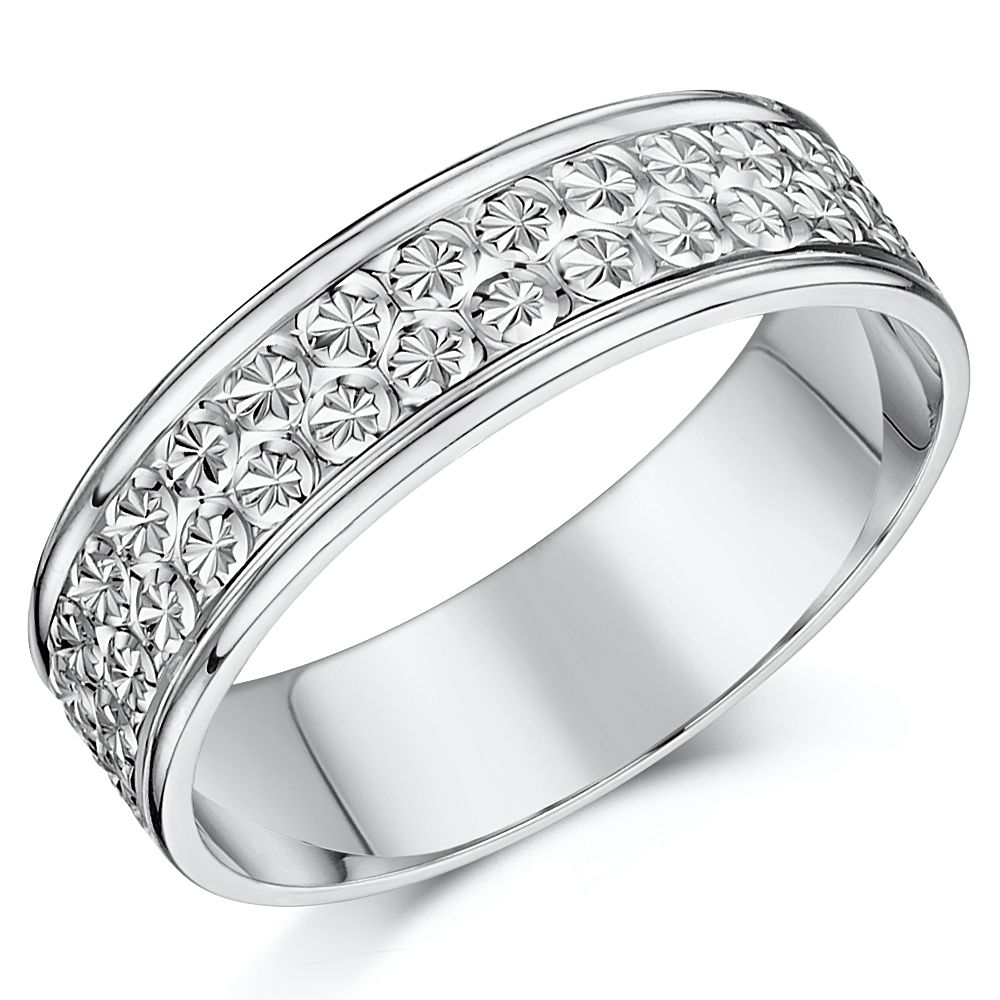 9ct White Gold Star Design Heavy Flat Wedding Ring