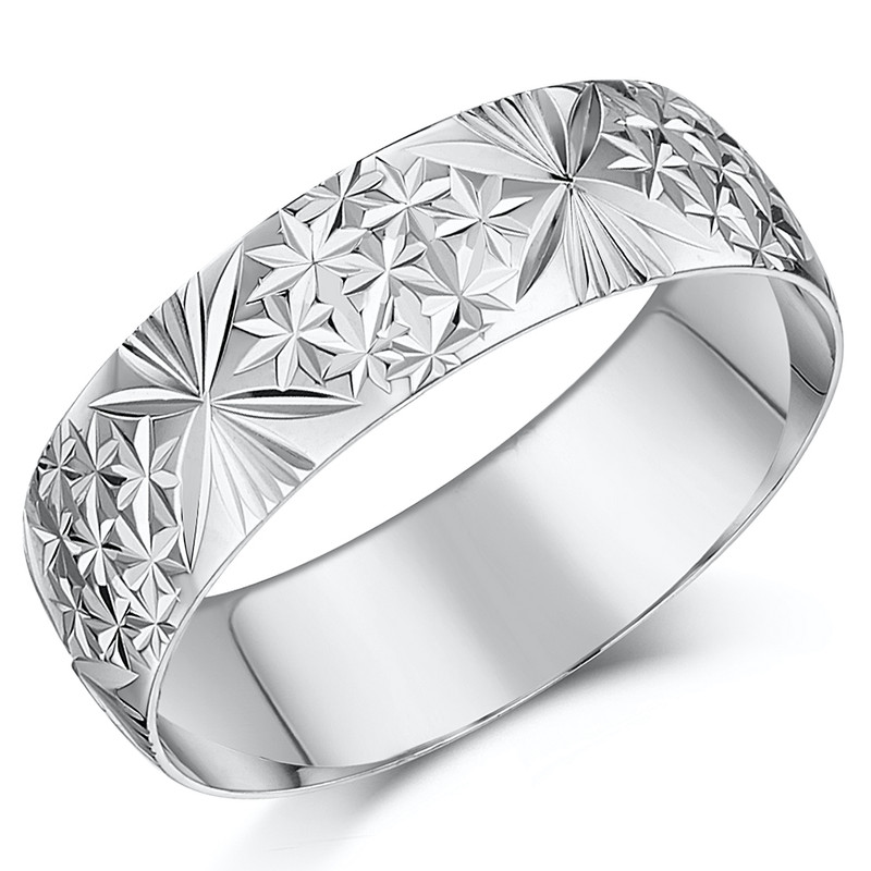 18ct White Gold Star Pattern Wedding Ring