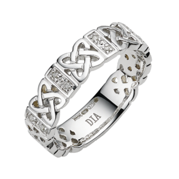 5mm 9ct White Gold Celtic Design 0.06ct Round Diamond Wedding Ring