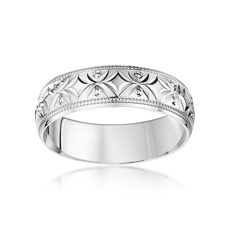 18ct White Gold Diamond Cut Patterned Wedding Ring - Image 2