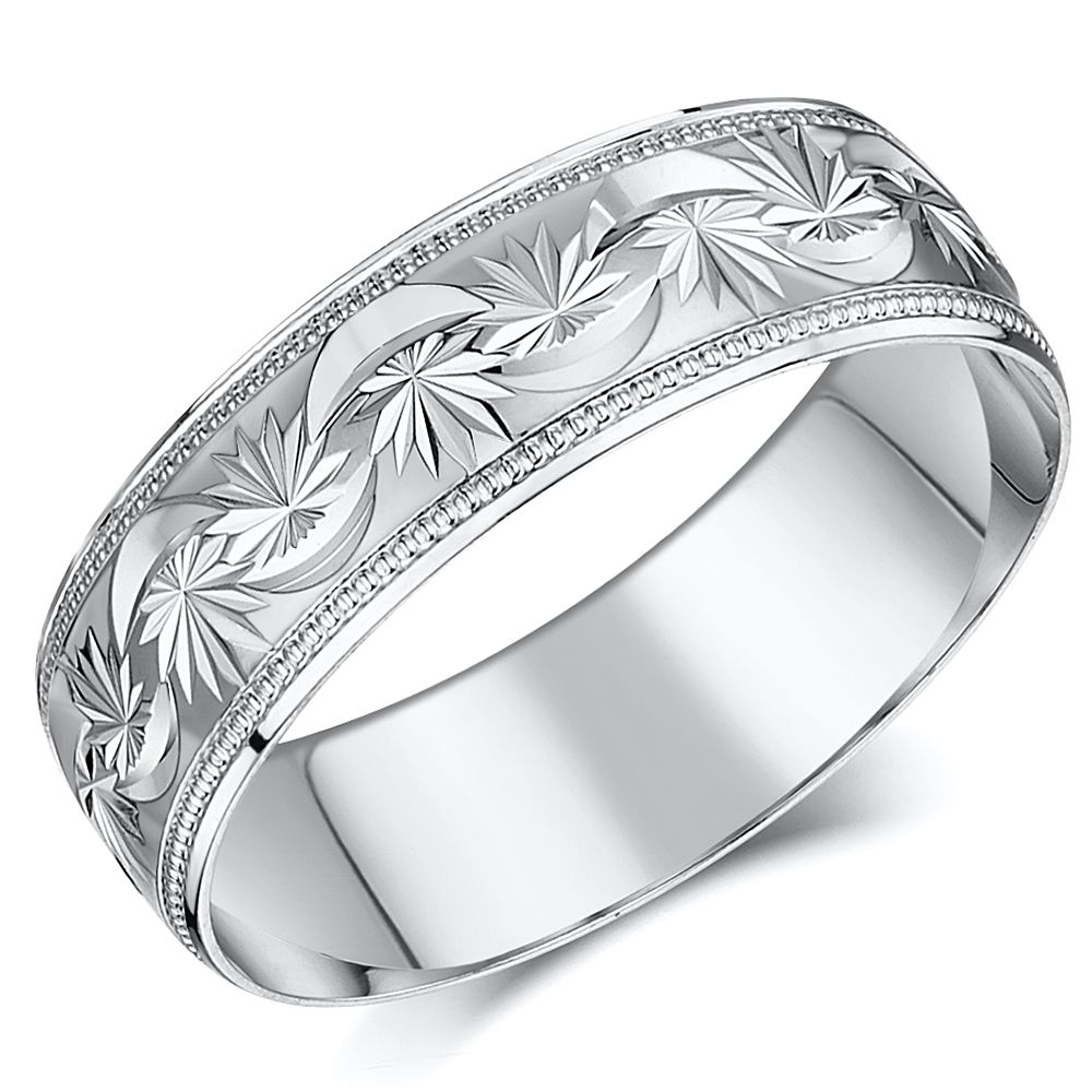 9ct White Gold Star Design Wedding Ring