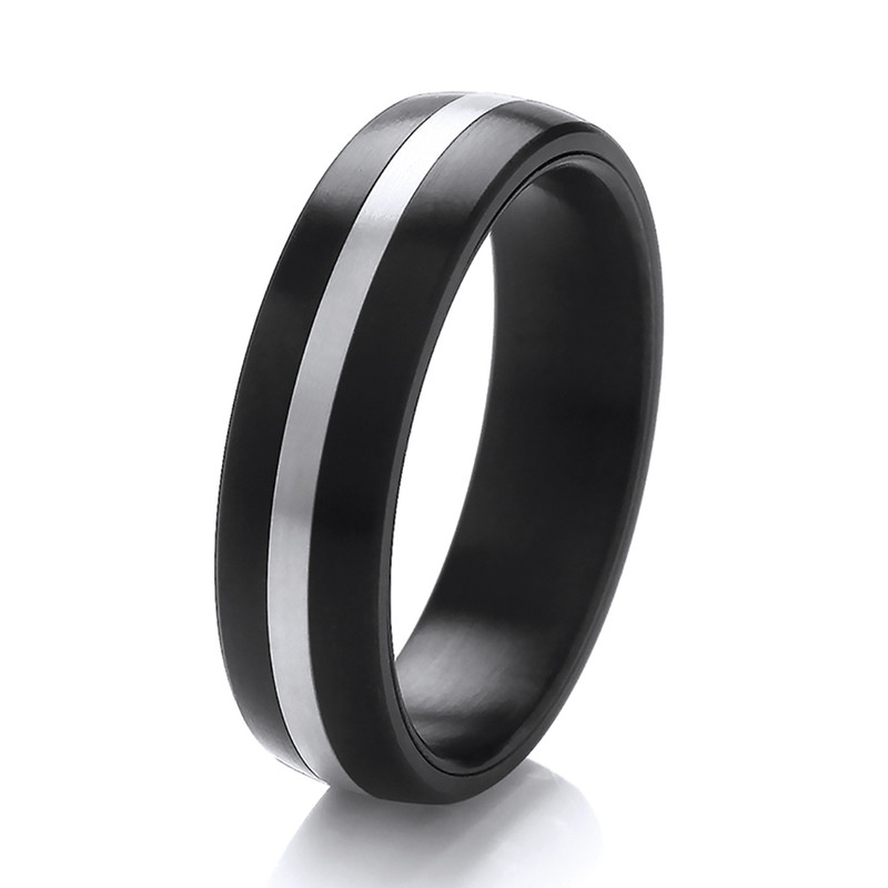 Titanium Court Black with Silver Center Inlay 6mm Ring